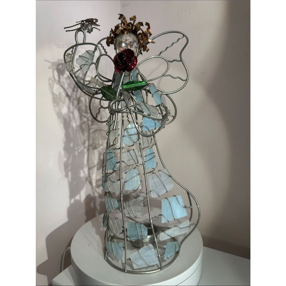 Handcrafted Wire Angel with Blue Glass Accents and Red Rose and Butterfly